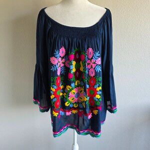 Ruby Yaya Top Blouse Bright Floral Embroidered Boho Peasant Navy Smocked Size M